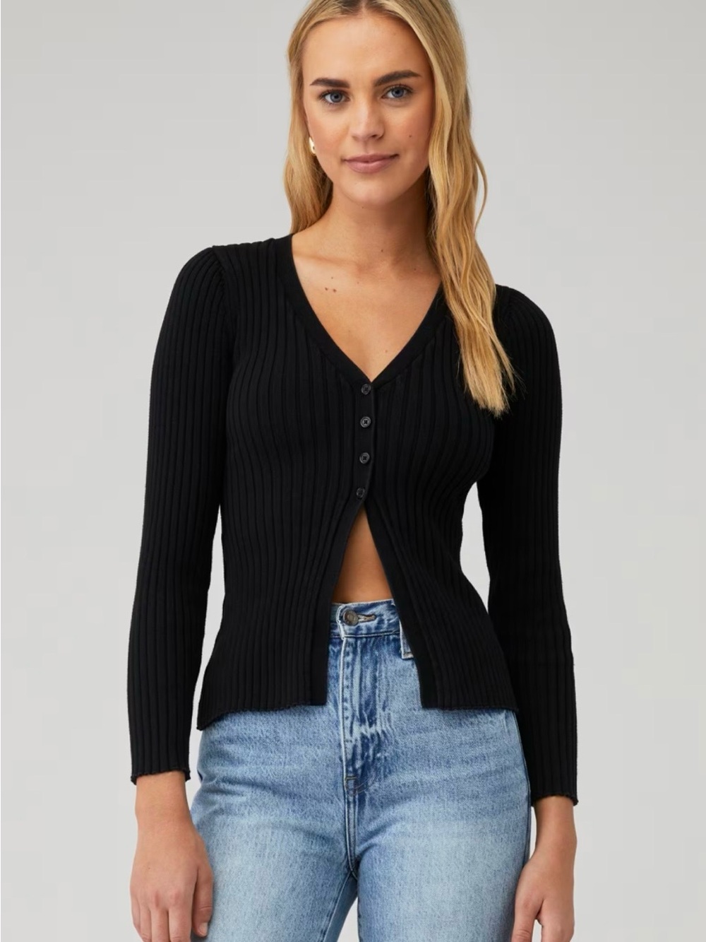ASTR the Label Black Ribbed V-Neckline Maida Sweater